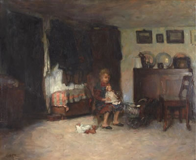 A child playing with a doll in an interior