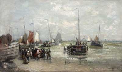 Sailing vessels on a beach with figures