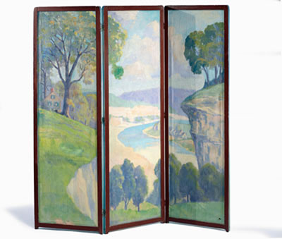 Landscape painted on a three panel screen