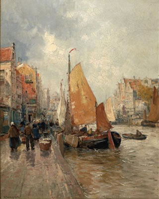 Port scene with sailboats and gabled houses