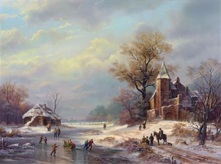 Village scene in winter with skaters