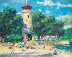 Populated beach scene with lighthouse