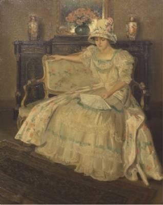 Portrait of a seated woman in a floral interior by Walter Ernest Tittle - Auction record, sale price, and art valuation. Compare with similar artists and explore comparable artworks.