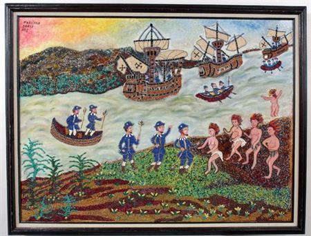 Sample artwork by Karolina Danek (1913 - 1998), known for painting with embellishments of precious gems and metals, pasted jewelry from the 50’s and 60’s. - View similar artists and auction records