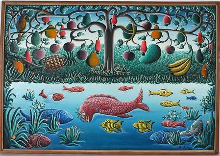 Fruit Tree Over Fish Full River by Bourmond Byron - Auction record, sale price, and art valuation. Compare with similar artists and explore comparable artworks.
