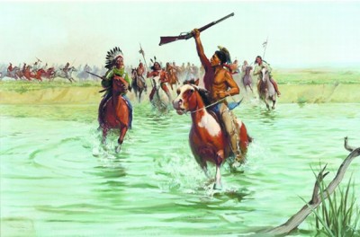 Crazy Horse and His Followers crossing the Little Big Horn by William Reusswig - Auction record, sale price, and art valuation. Compare with similar artists and explore comparable artworks.