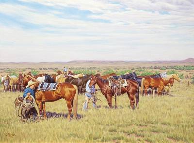Sample artwork by Gary Morton (Born 1951), known for paintings of cowboy genre, landscape, horses - View similar artists and auction records