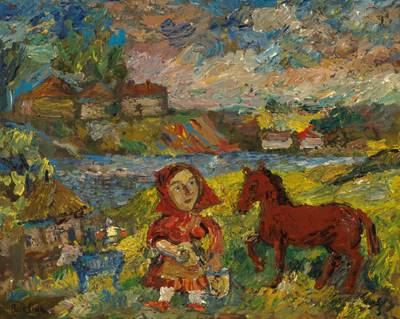 Woman with Red Horse and Blue Cow