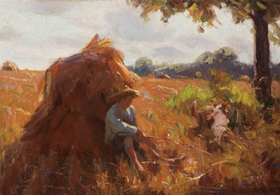 Haystack with Boy and A Dog