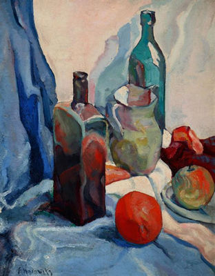 STILL LIFE WITH BOTTLES, PITCHER AND FRUIT