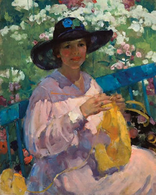 LADY KNITTING IN A FLOWER GARDEN