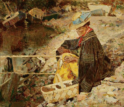 WOMAN FISHING BY A RIVERBANK