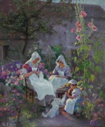 Sewing in the Garden by Edward Selmar Siebert - Auction record, sale price, and art valuation. Compare with similar artists and explore comparable artworks.