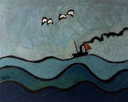 Fishing Boat and Seagulls/signed
