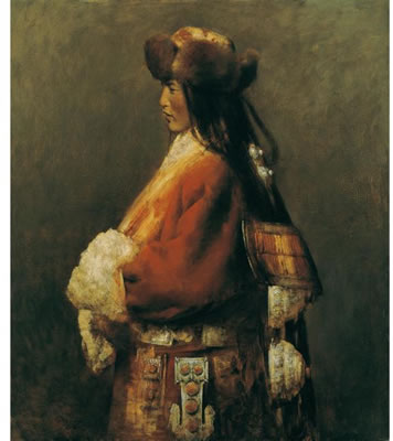 TIBETAN YOUNG WOMAN AT THE QINGHAI LAKE