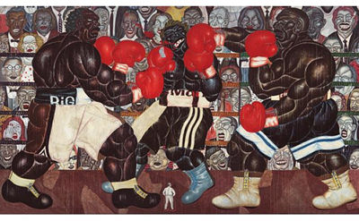 Sample artwork by Inyoman Masriadi (Born 1973), known for socio-political themed painting, black skin caricature figures - View similar artists and auction records