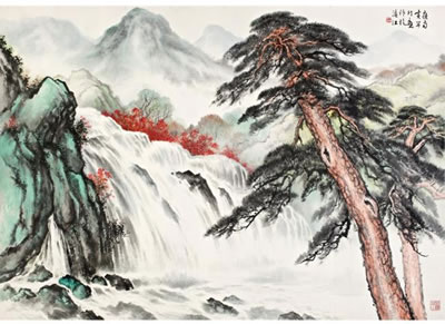 WATERFALL AND PINE TREES
