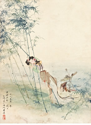 LADY LEANING AGAINST THE BAMBOO by Yefo Hu - Auction record, sale price, and art valuation. Compare with similar artists and explore comparable artworks.