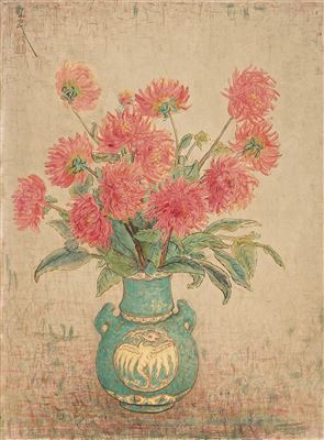 CHRYSANTHEMUMS IN A GREEN VASE