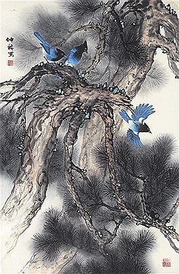 BLUE BIRD ON THE PINE