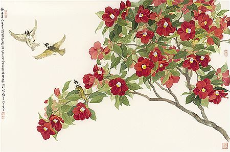 CHINESE BULBUL AND CAMELLIA