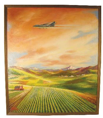 Depicting Farm land with Military airplane flying overhead