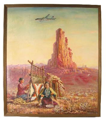Depicting Navajo rug weavers with a DC-7 airplane flying overhead
