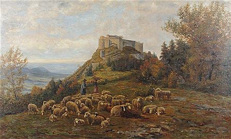 "Schafherde vor der Burg Hohenneuffen"