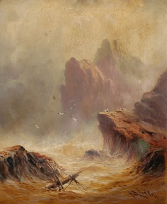 SHIPWRECK ON ROCK CLIFF SHORE