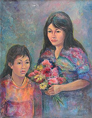 Two Women with Bouquet of Flowers