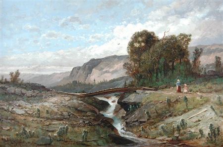Mountain landscape with bridge over stream
