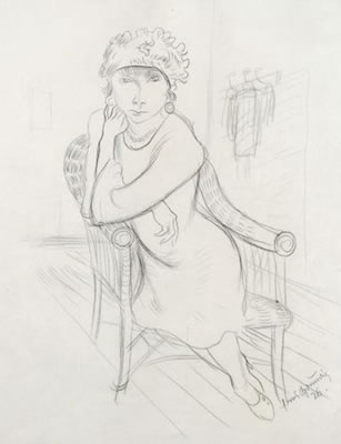 Dame mit Kopfschmuck im Korbsessel. 1926