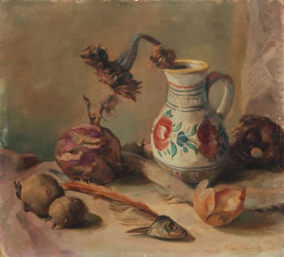 "Stilleben" (mit Fischgräte und Sonnenblume im Krug)