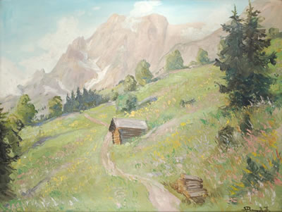 Frühlingslandschaft in den Alpen. 1940er/