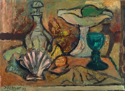 Stilleben mit grü- nem Glas und Muscheln