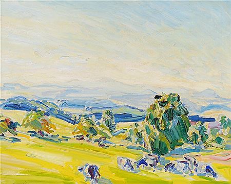 Weite Erzgebirgslandschaft mit Kuhhherde.