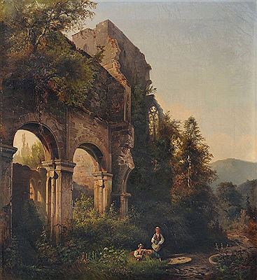 Abendliche Ruinenlandschaft mit Schäferinnen.
