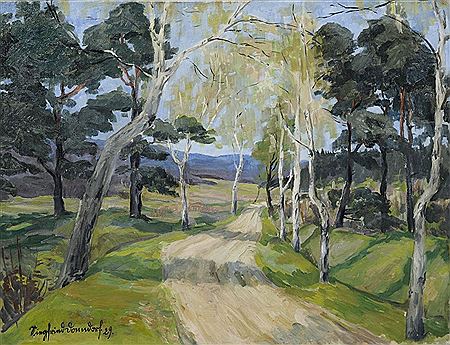 Dirt road between birch trees.
