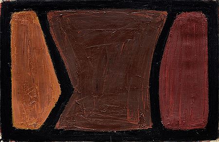 Geometric shapes in orange, brown and red on black