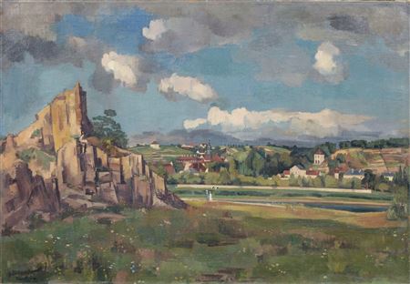 Landschaft mit Felsen (Blick über die Elbe auf Diesbar).