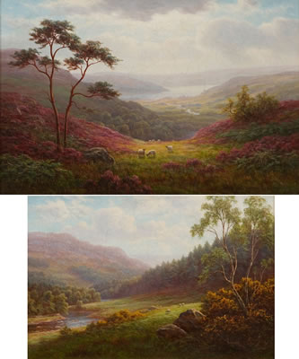 Landscapes with mountains, sheeps and a watercourse