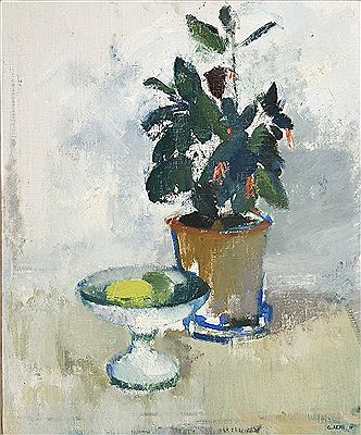 Stilleben med blomkruka och fruktfat
