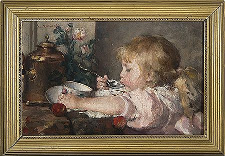 Flicka med sked, kopp och kanna by Emma Amalia Ekwall - Auction record, sale price, and art valuation. Compare with similar artists and explore comparable artworks.
