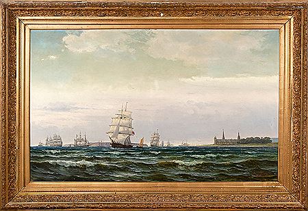 Segel- och ångfartyg på Öresund med Kronborgs slott och i fonden Ven.