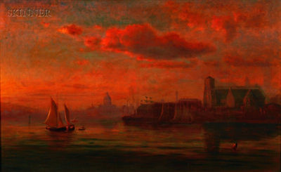 HARBOR TWILIGHT/PROBABLY THE CATHEDRAL OF THE HOLY CROSS VIEWED FROM SOUTH BOSTON