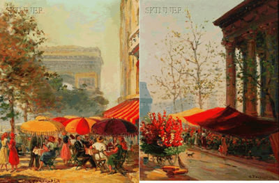 Lot of Two Works: Flower Sellers at La Place de la Madeleine, Paris and Outdoor Cafe at the Arc de Triomphe, Paris