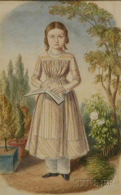 Portrait of a Girl on a Garden Path Holding a Book of Music