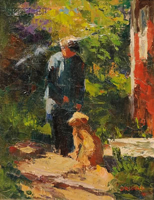 LOT OF TWO WORKS: FIGURE WITH CAT AND FIGURE WITH DOG