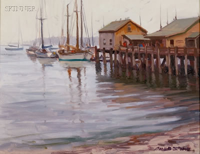 OUTWARD BOUND, LANDING ON MONHEGAN; DOCK SCENE WITH PIER: TWO WORKS