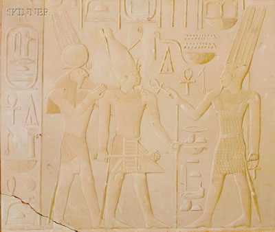 King Sesostris Between the Gods Amun and Horus-Ra/An Egyptian Hieroglyph Bas-Relief Trompe L'Oeil